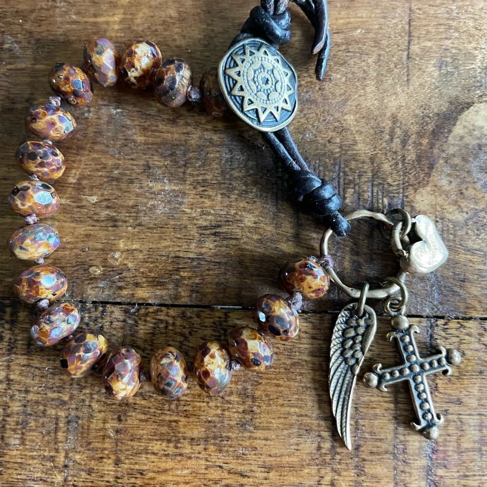 Czech brown glass bead charm bracelet. Two Silver Sisters.